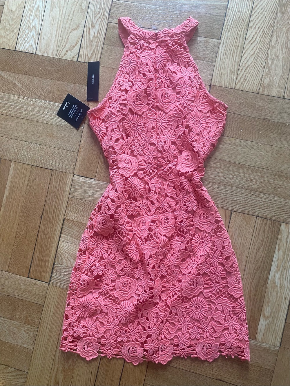 Sleeveless Coral Lace Halter Mini Dress